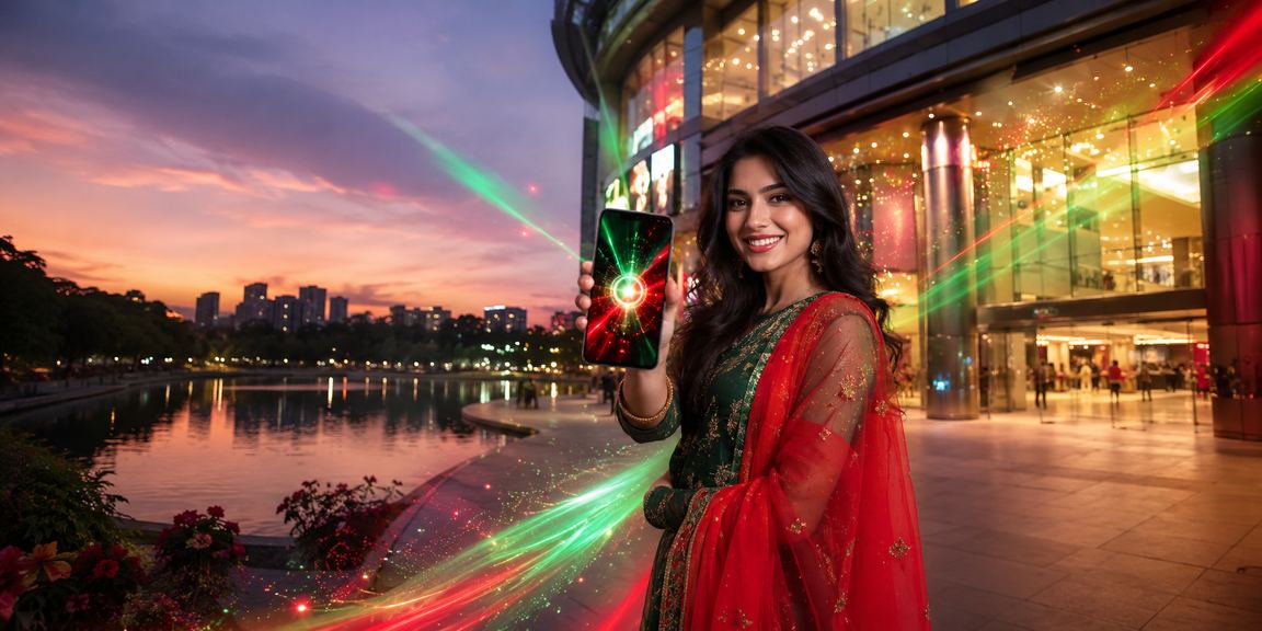 ঢাকায় লাল-সবুজ পরিবেশে মোবাইলে 830 ক্যাসিনো অ্যাপ ব্যবহার করছেন একজন তরুণ